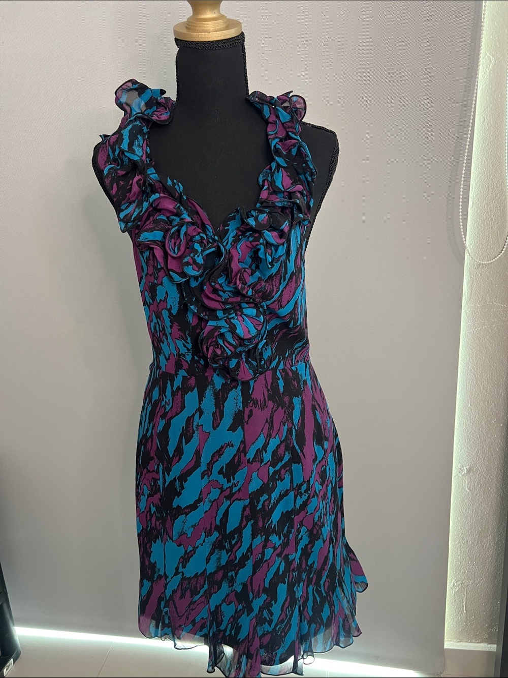 bebe Ruffled V-Neck Mini Dress in Teal & Purple